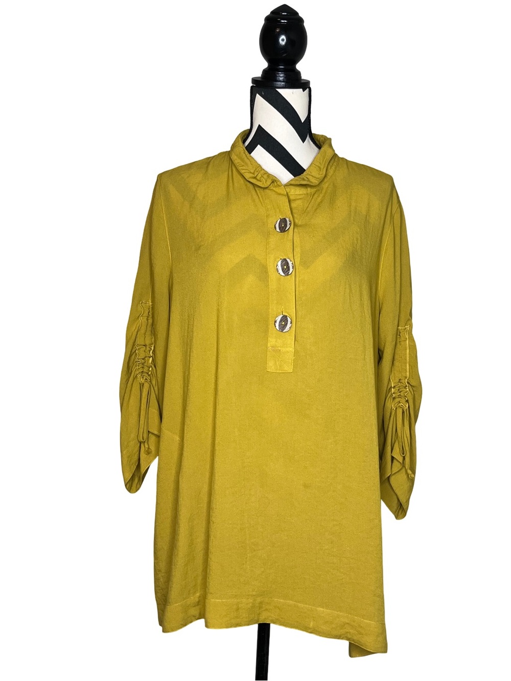John Mark Mustard Yellow Artsy Boho Lagenlook Scrunch Sleeve Tunic Top Sz L